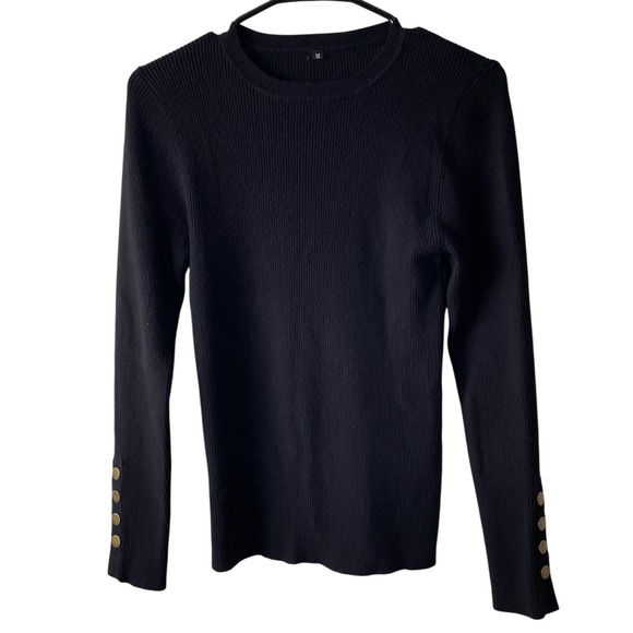Unbranded Sweaters - Women's Medium Black Ribbed Knit Crew Neck Sweater‎ Gold Button Cuffs Minimalist